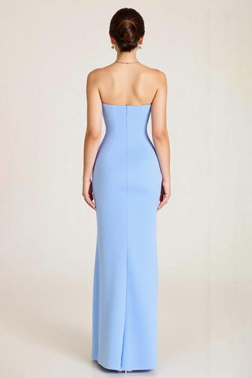 Sky Blue Mermaid Ruched Wedding Guest Dress With Slit